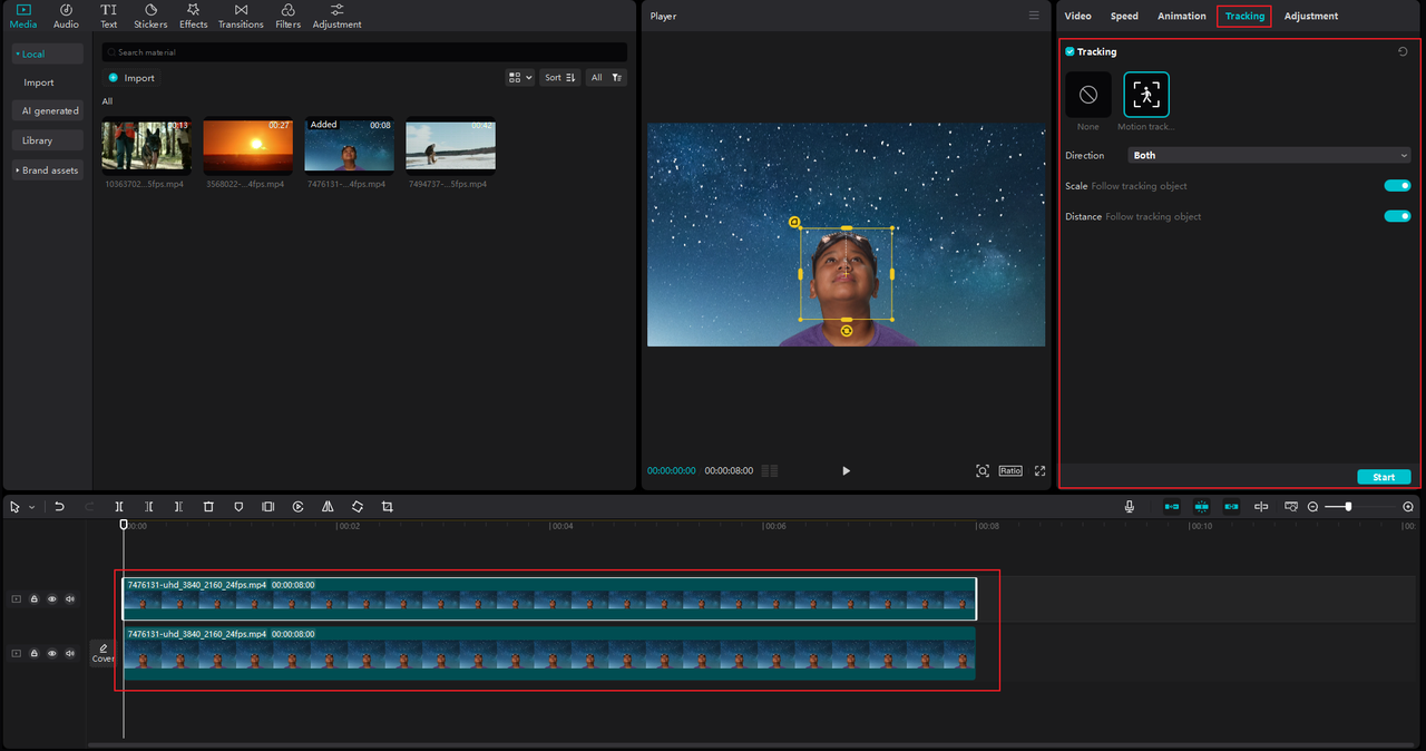 Using motion tracking Premiere Pro on the CapCut desktop video editor 