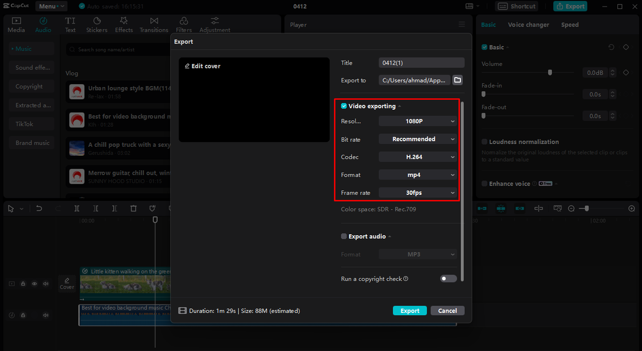 Define export settings