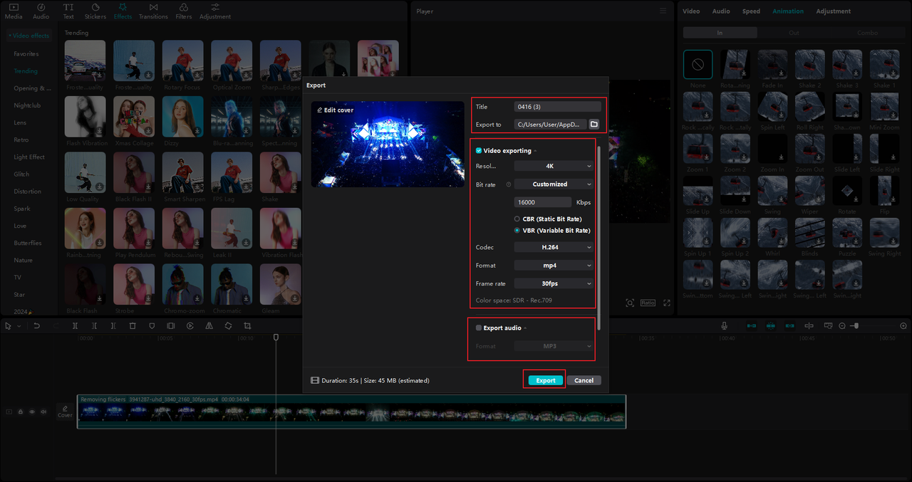  how to export a video from CapCut desktop after the flicker removal Premiere Pro process