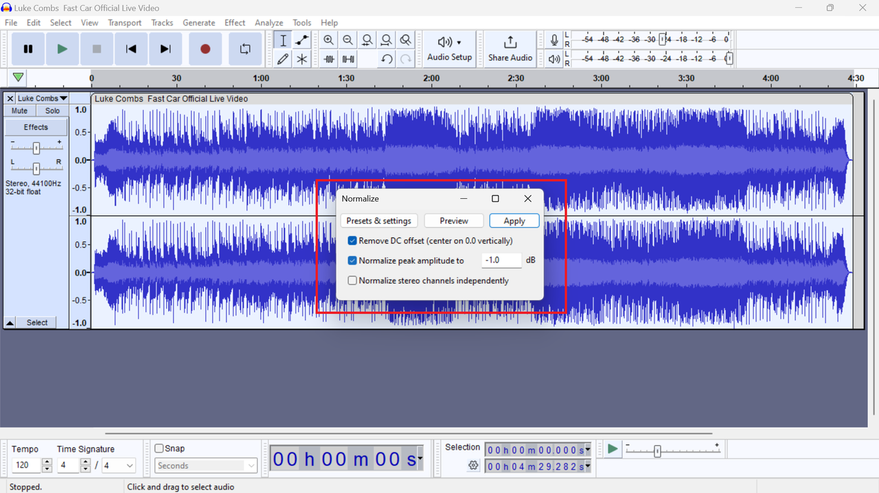 The normalize feature on Audacity