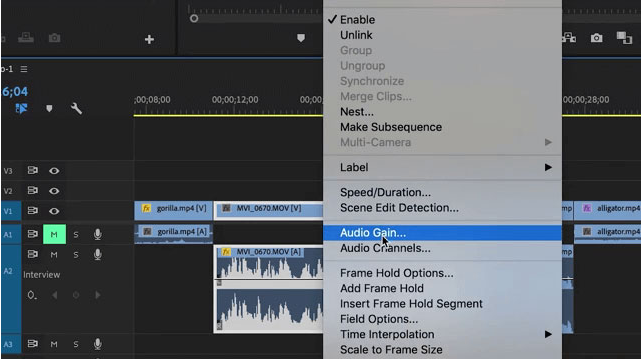 right click audio file on Adobe Premiere to launch audio gain menu