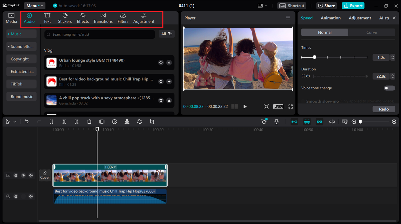 Editing features on CapCut