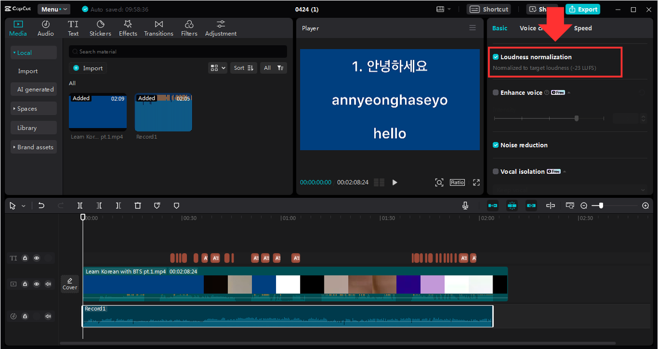 Image showing where to find CapCut's "Loudness normalization" feature