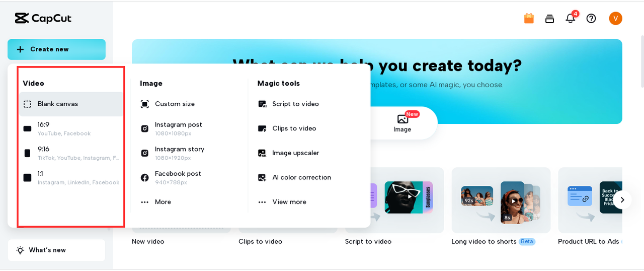 Image showing the different video aspect ratios on CapCut's online video editor