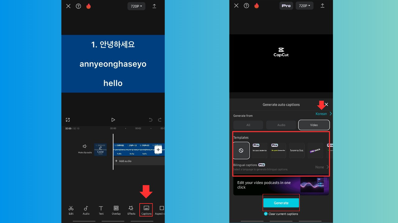 how to translate captions on CapCut app