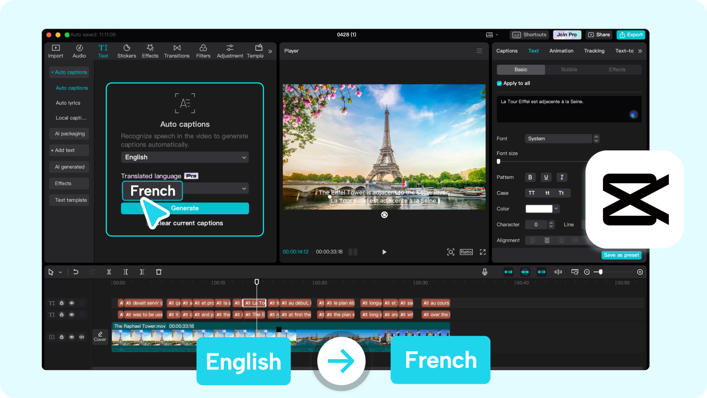 translate english to french audio