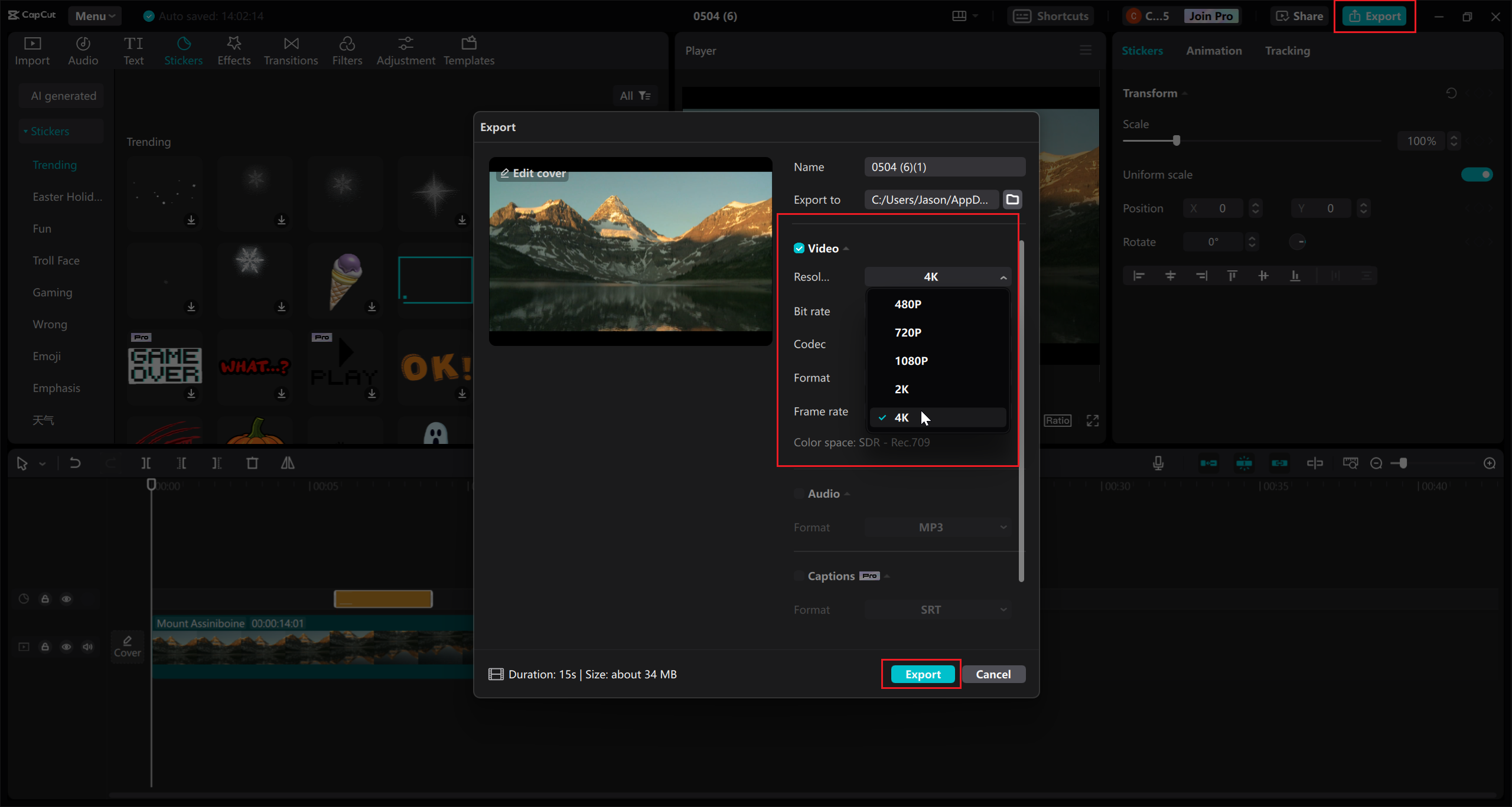 capcut xuất video 4k