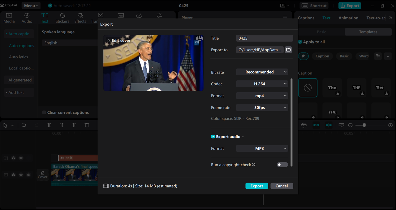 Export media once you translate YouTube video to English without CC on the CapCut PC editor