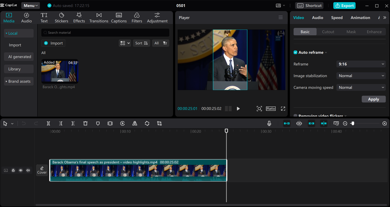 Auto-reframe video to suit TikTok ad specs on the CapCut desktop video editor