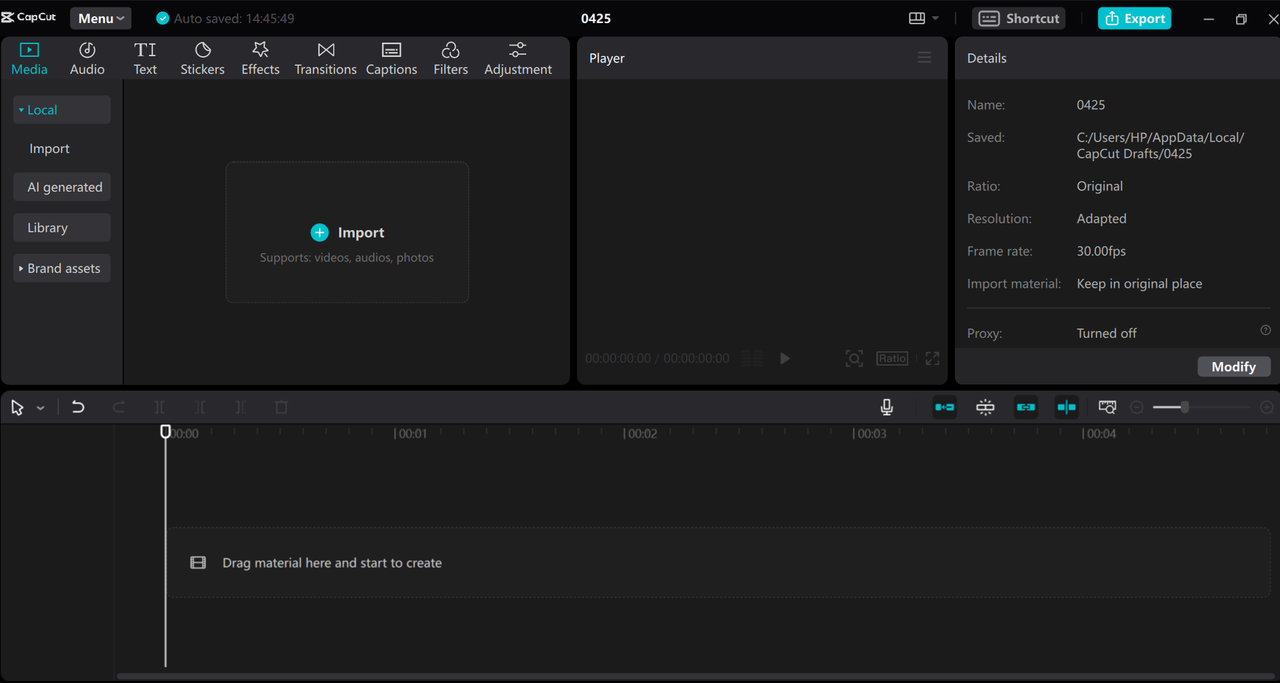 Import a video to the CapCut PC editor, an alternative to auto-reframe of Premiere Pro