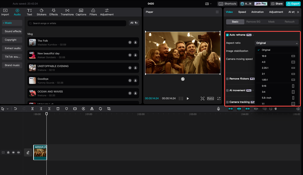 Auto-reframe a video on the CapCut PC editor, an alternative to auto-reframe in Premiere Pro