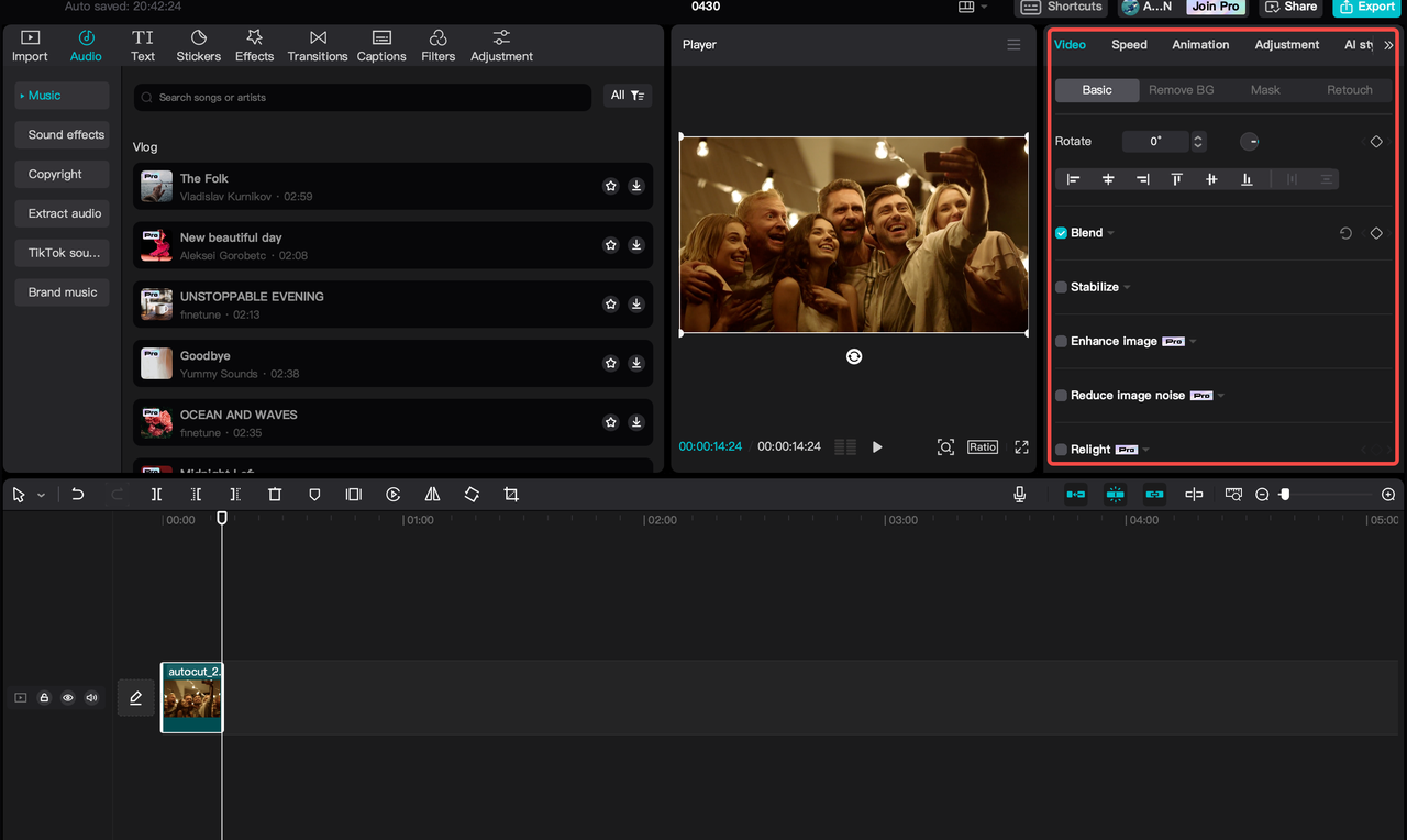 Video editing features on the CapCut PC editor, an alternative to auto-reframe in Premiere Pro