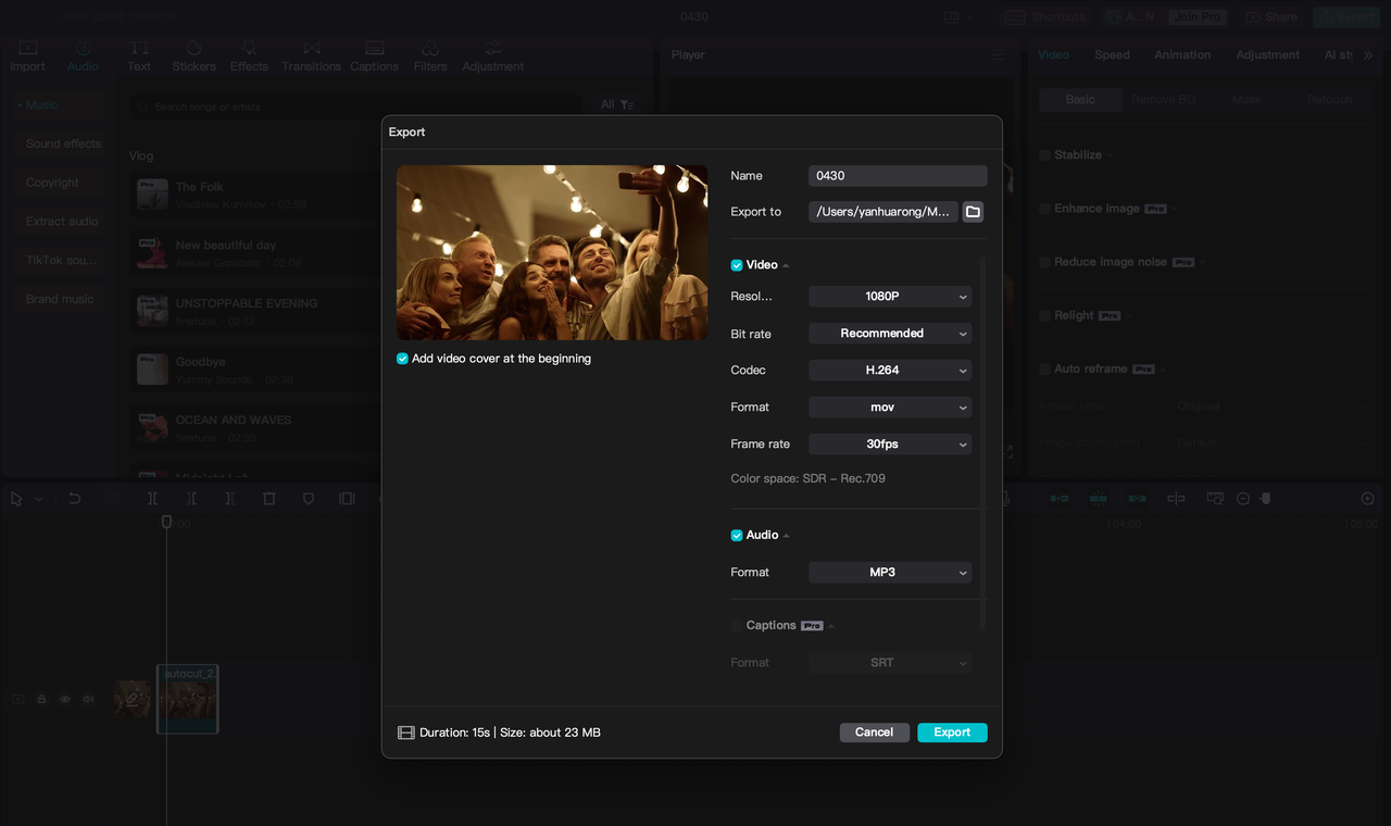 Export a video from the CapCut PC editor, an alternative to auto-reframe of Premiere Pro