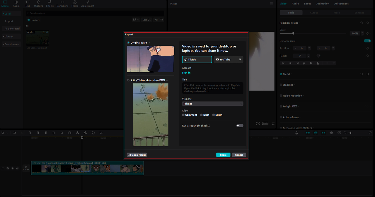 CapCut, the best dubbed anime maker's quick sharing options for TikTok and YouTube