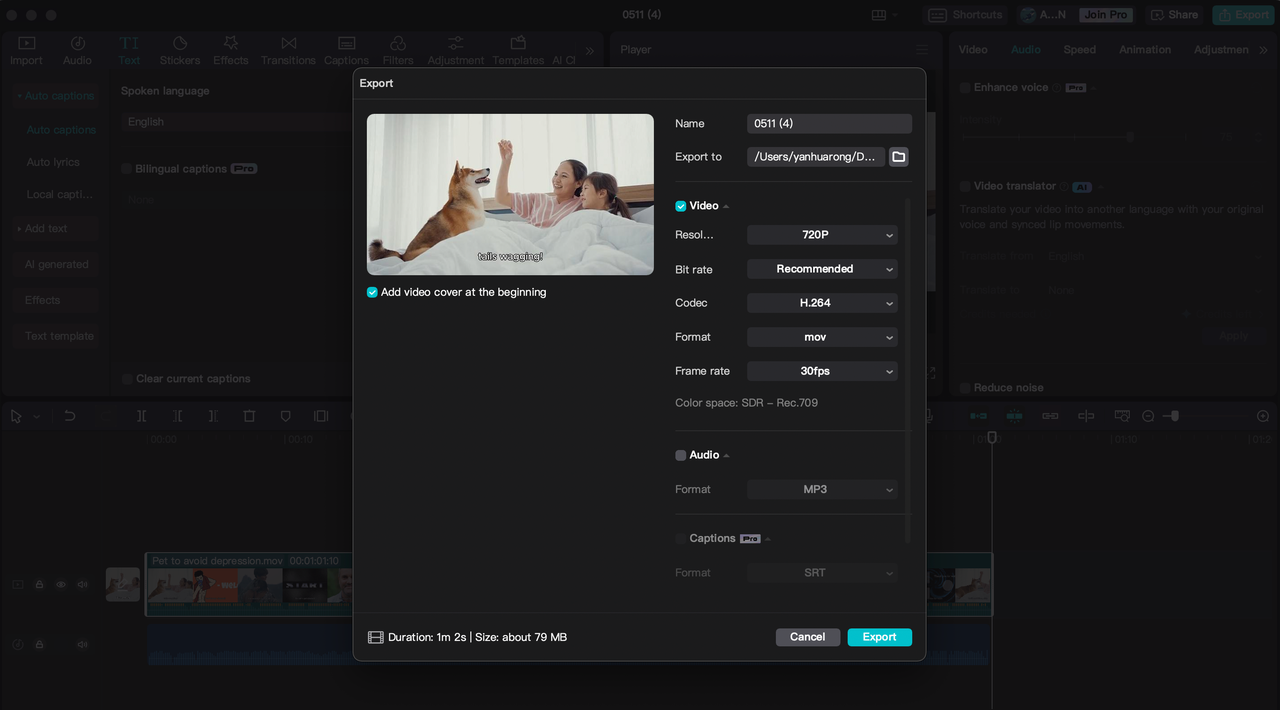 How to share a video from the CapCut desktop video editor after you translate English to German audio