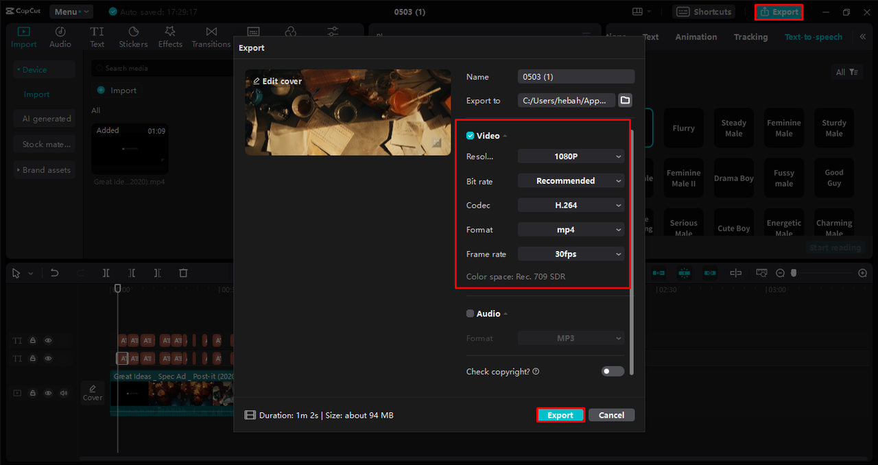 Adjust the video settings to export