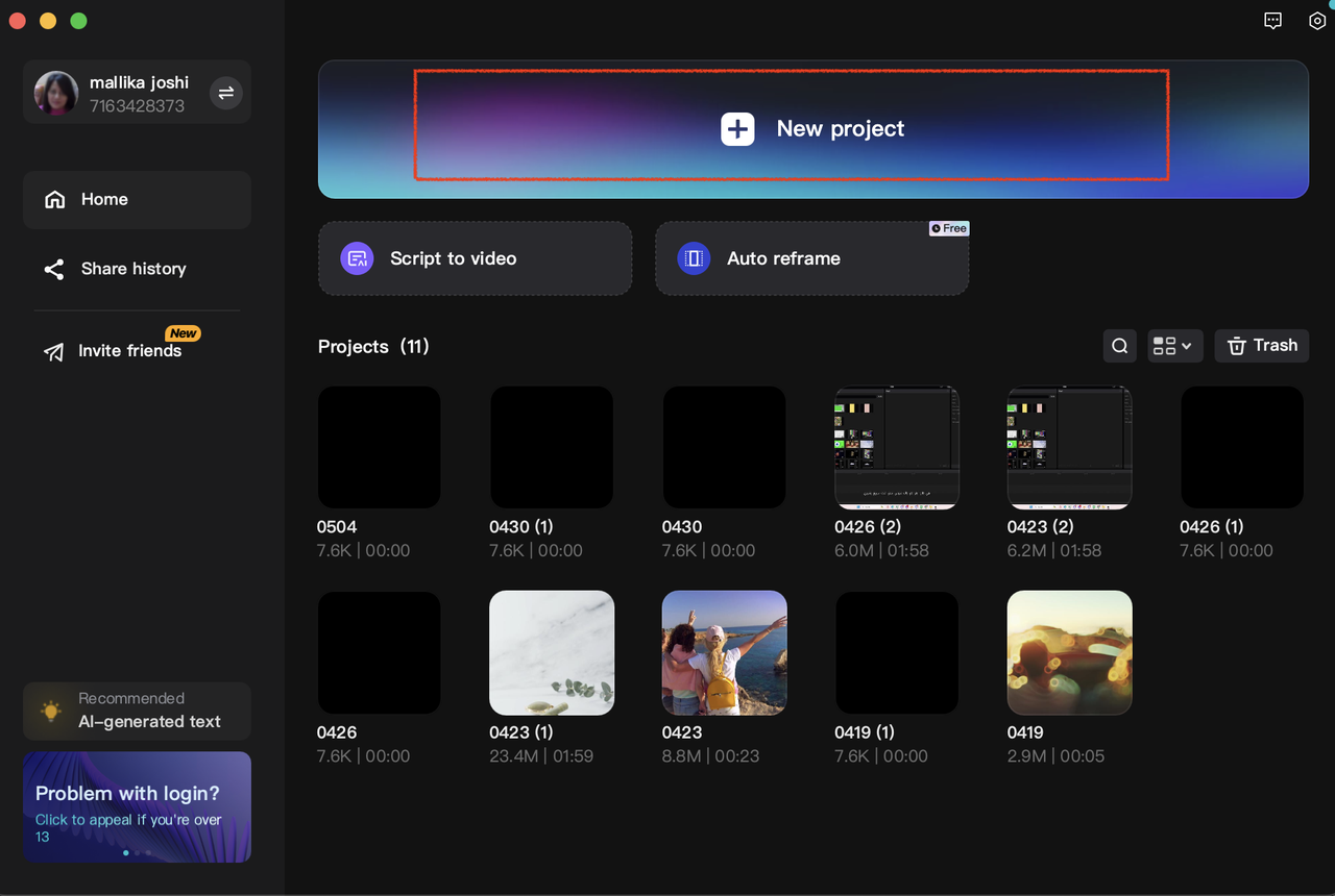 new project in CapCut video editor