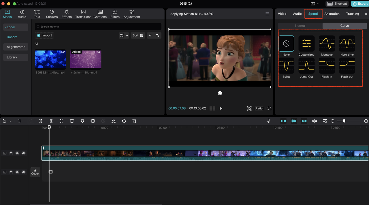 add speed curve feature to the animation in CapCut