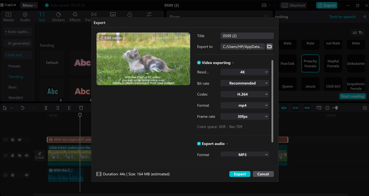Export and share a video from the CapCut desktop ElevenLabs AI alternative