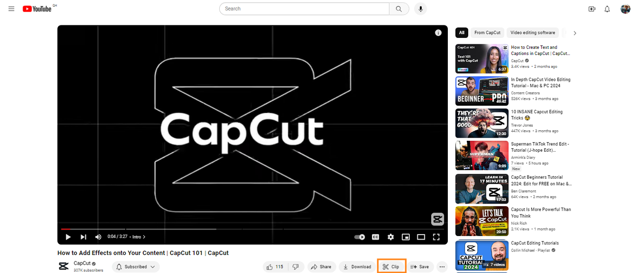 Interface of youtube playing CapCut tutorial video