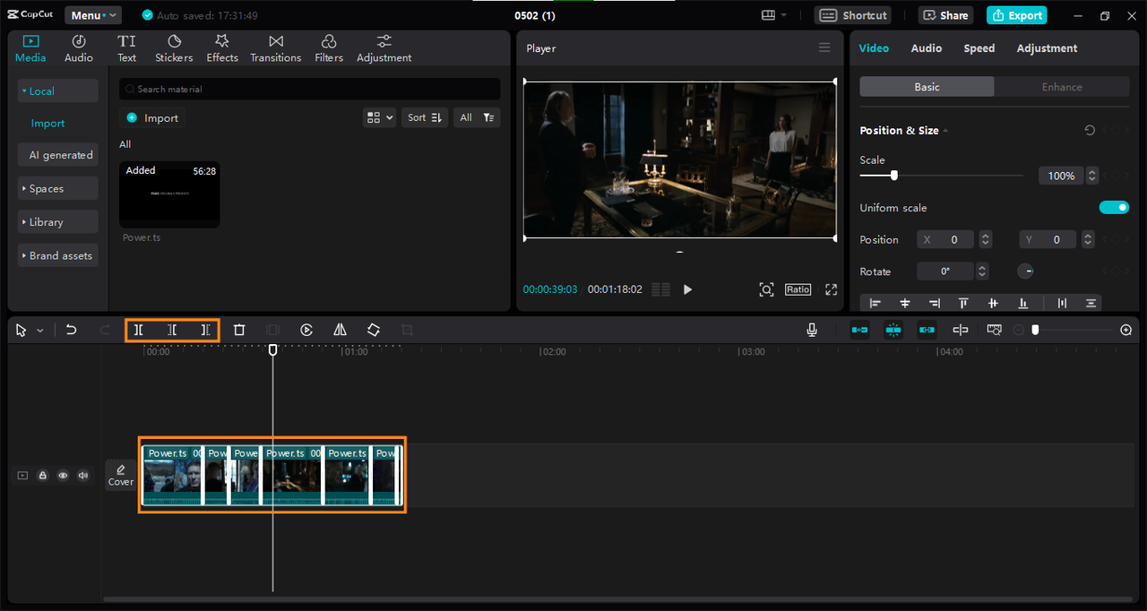 Split scenes added together to create youtube clip in CapCut editor