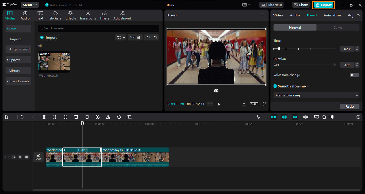 Export video after applying slo mo effects in CapCut PC editor