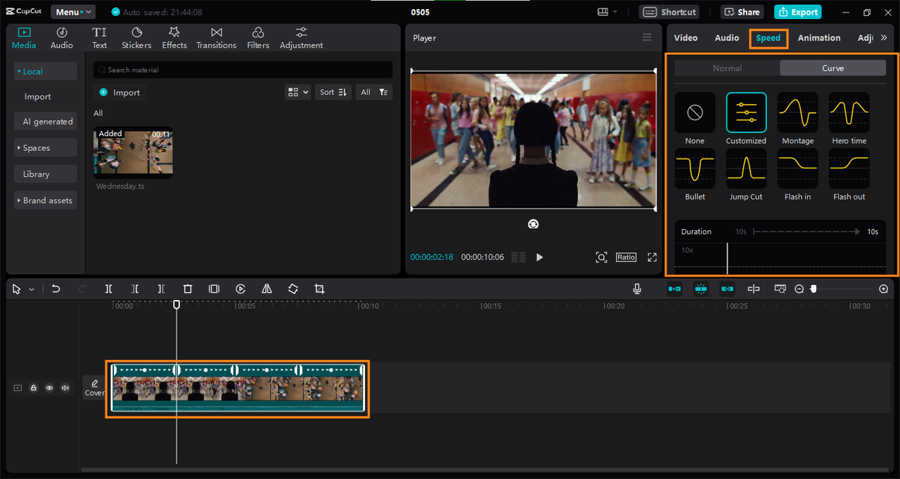 Adjust video speed with a speed curve on CapCut PC editor