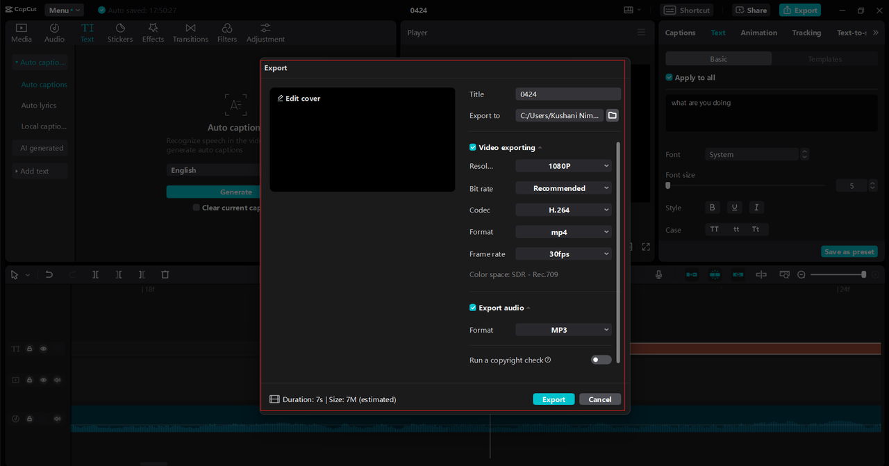 Export creation with Bengali to English audio translator CapCut