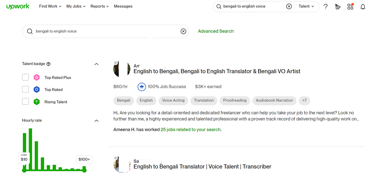 Upwork translate Bengali to English audio