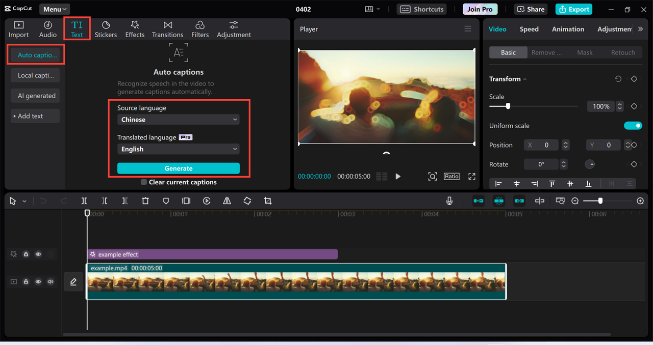 Translate video with auto caption in CapCut PC app