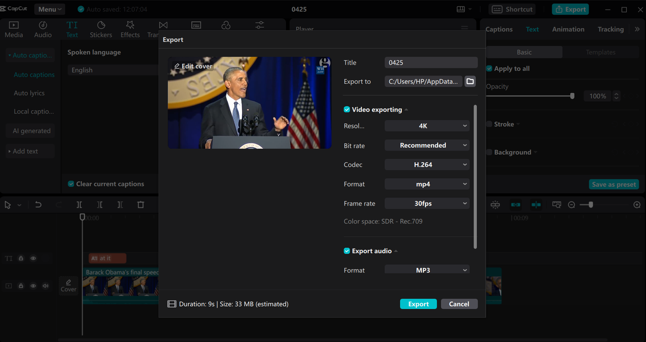 Share media from the CapCut desktop video editor once you translate videos to Arabic