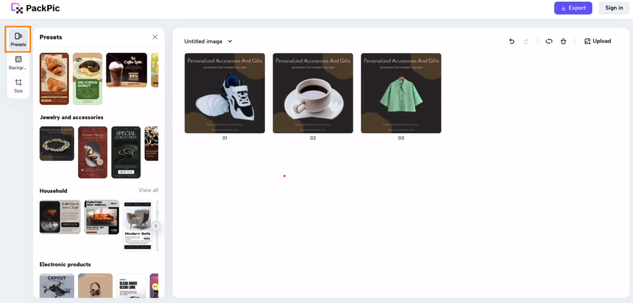 Apply Presets to customize your product images with PackPic