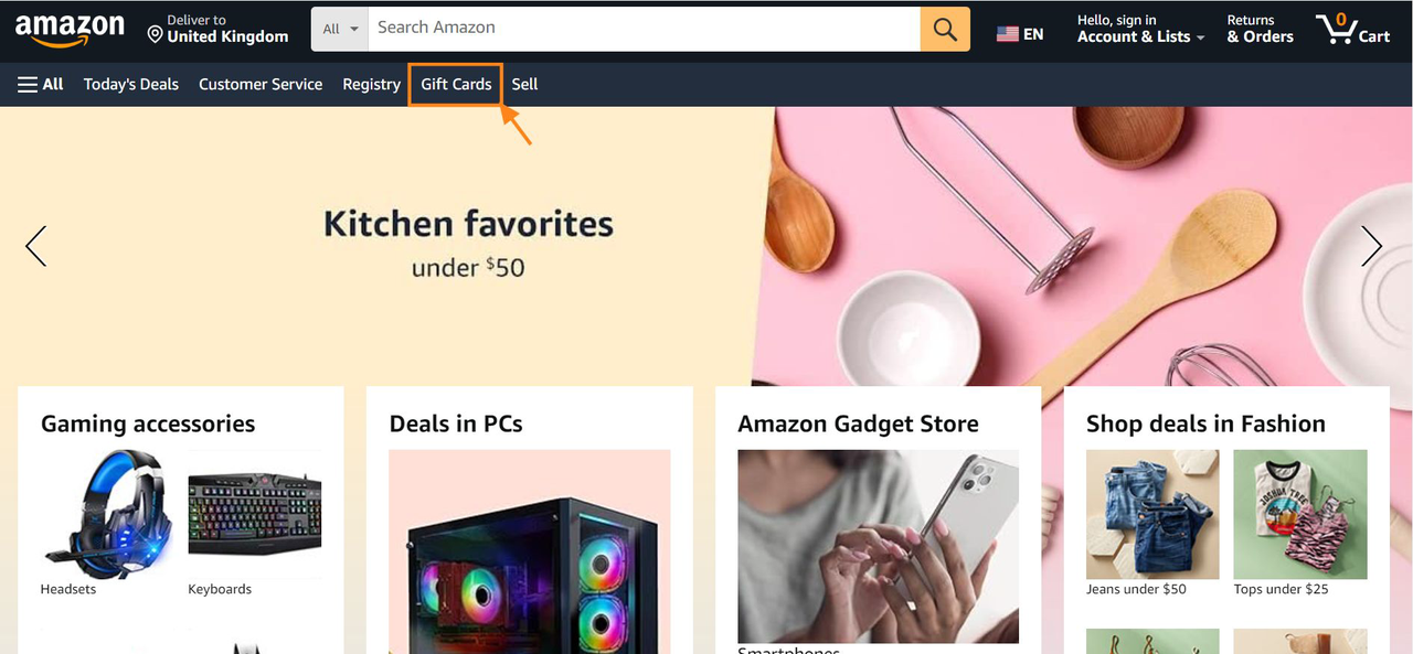 Frontpage of Amazon online store