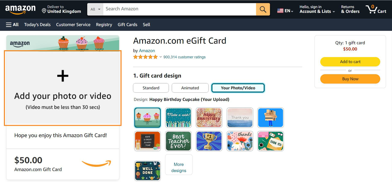 Choose photo or video to add to your Amazon gift card 