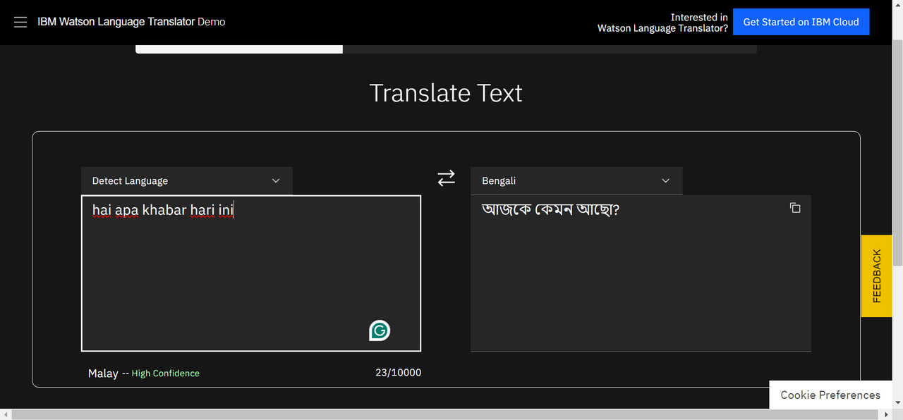 IBM Watson Language Translator, a popular Malayalam to Bangla translator