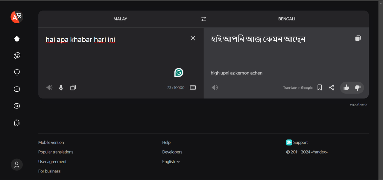 Using Yandex.Translate for Malay to Bangla translation