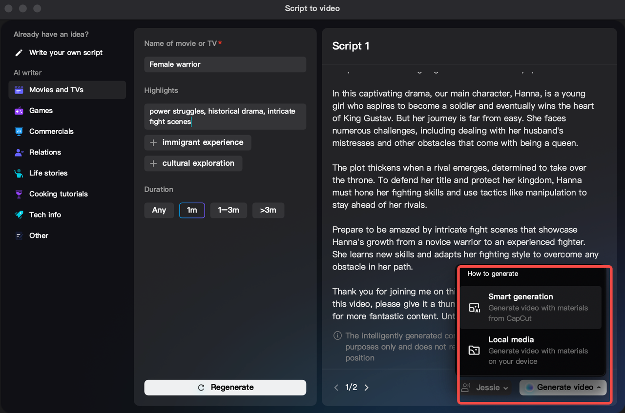 Smart generation option on CapCut PC AI screenplay generator
