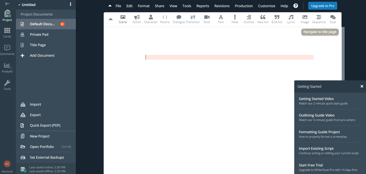 WriterDuet online script writer interface