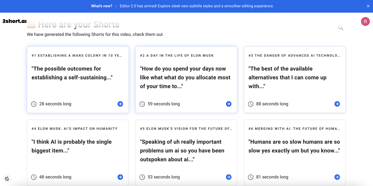 2short.ai shorts created