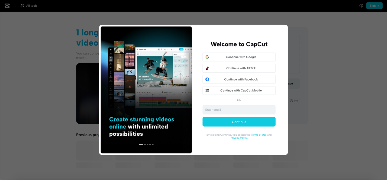 Sign up for CapCut video clip maker