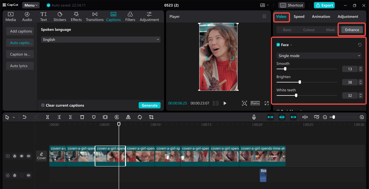 Facial beauty in CapCut desktop video editor