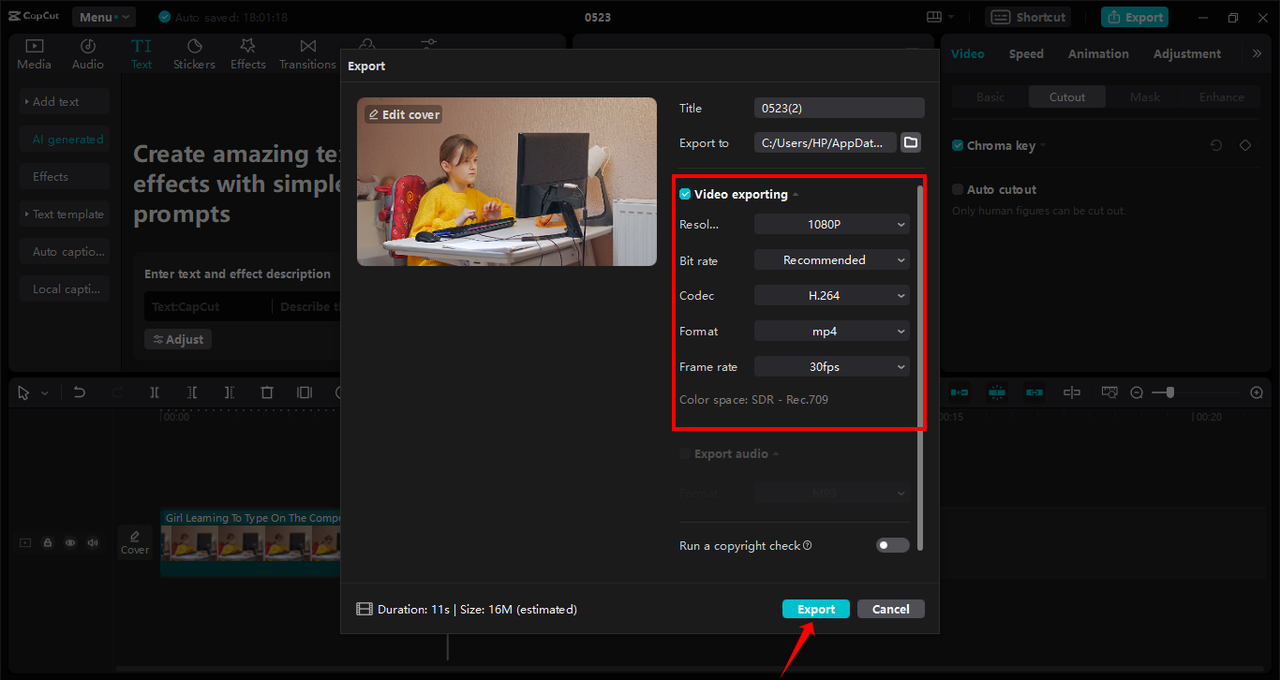 Exporting edited video from CapCut desktop video editor to PC