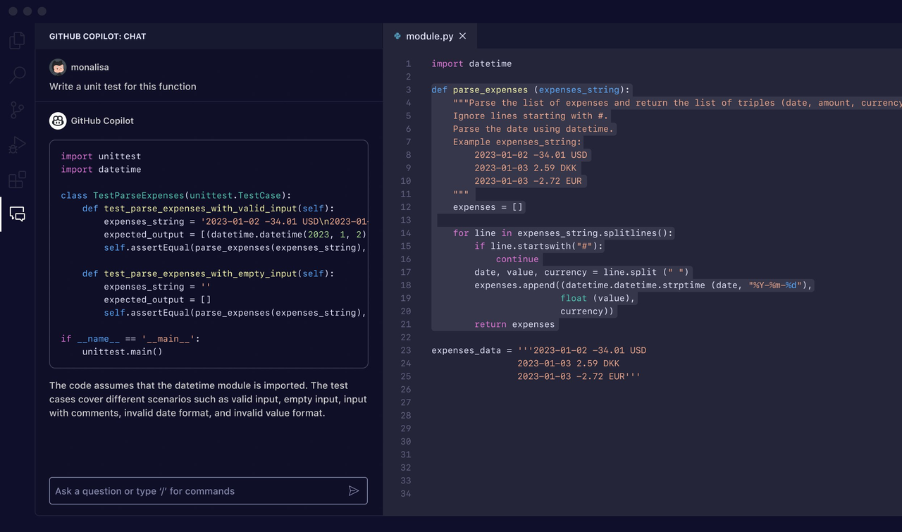 GitHub Copilot interface displaying AI-driven code suggestions in a code editor