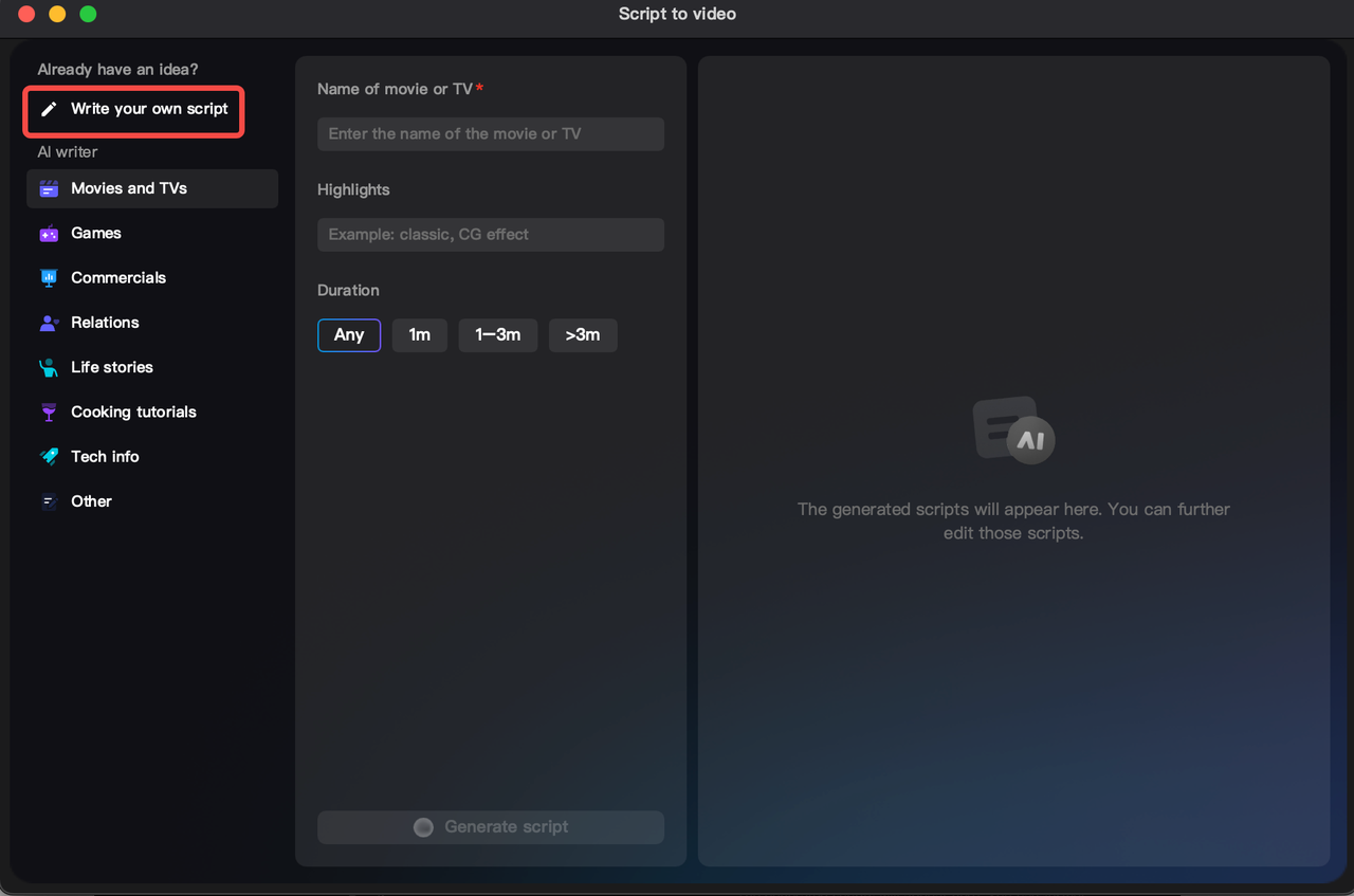 Use AI writer or enter your script manually