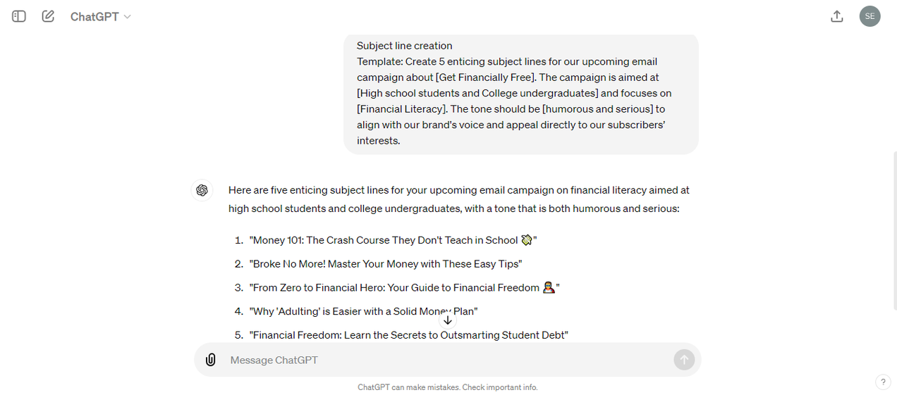 Subject line creation ChatGPT prompt