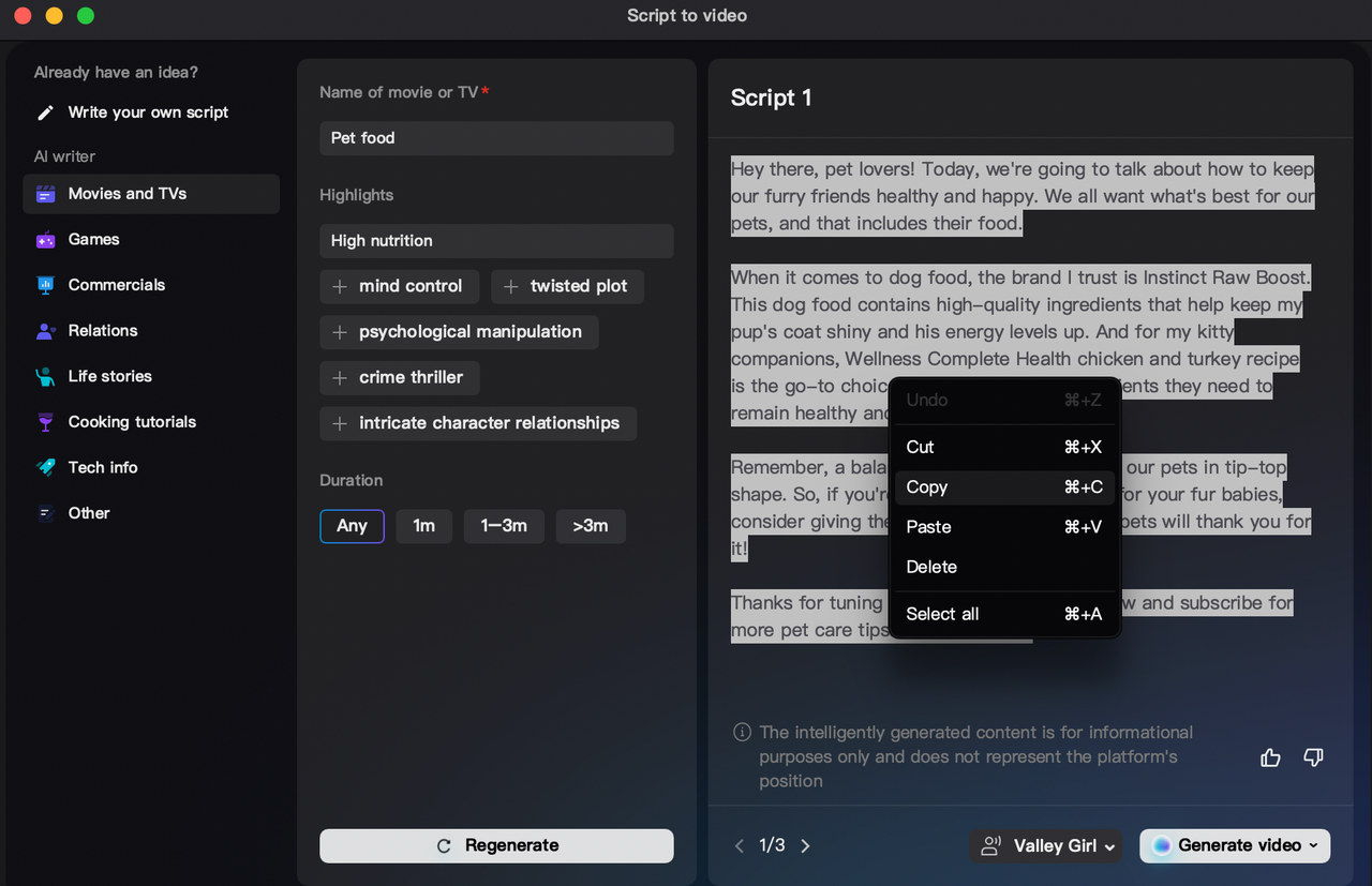 Select script using CapCut's AI writer