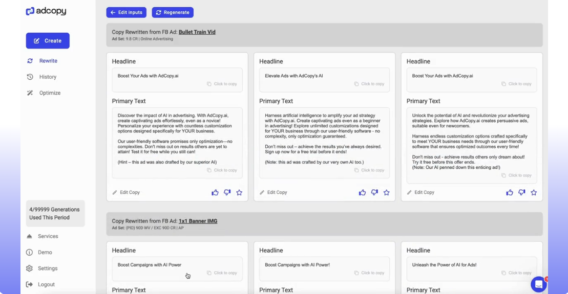 Screenshot of AdCopy AI tool interface