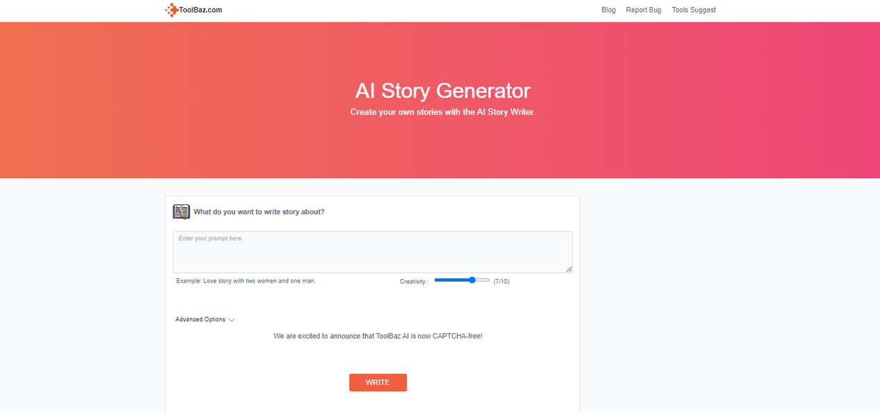 A screenshot of ToolsBaz AI story generator