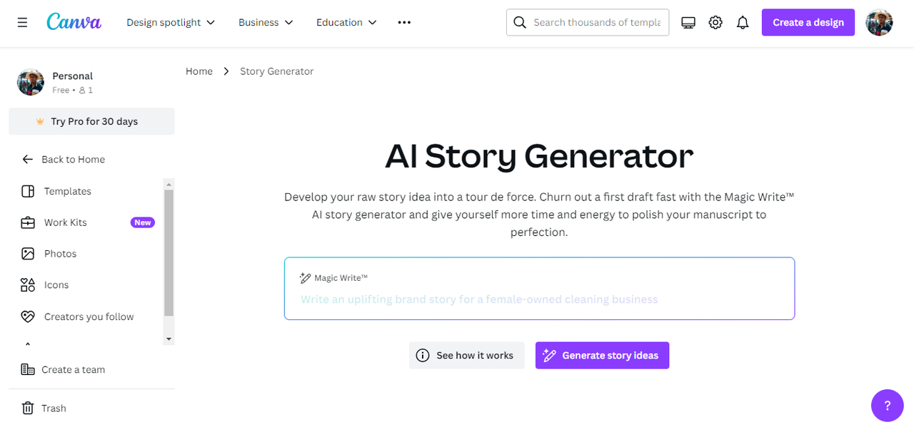 A screenshot of Canva's AI Story generator