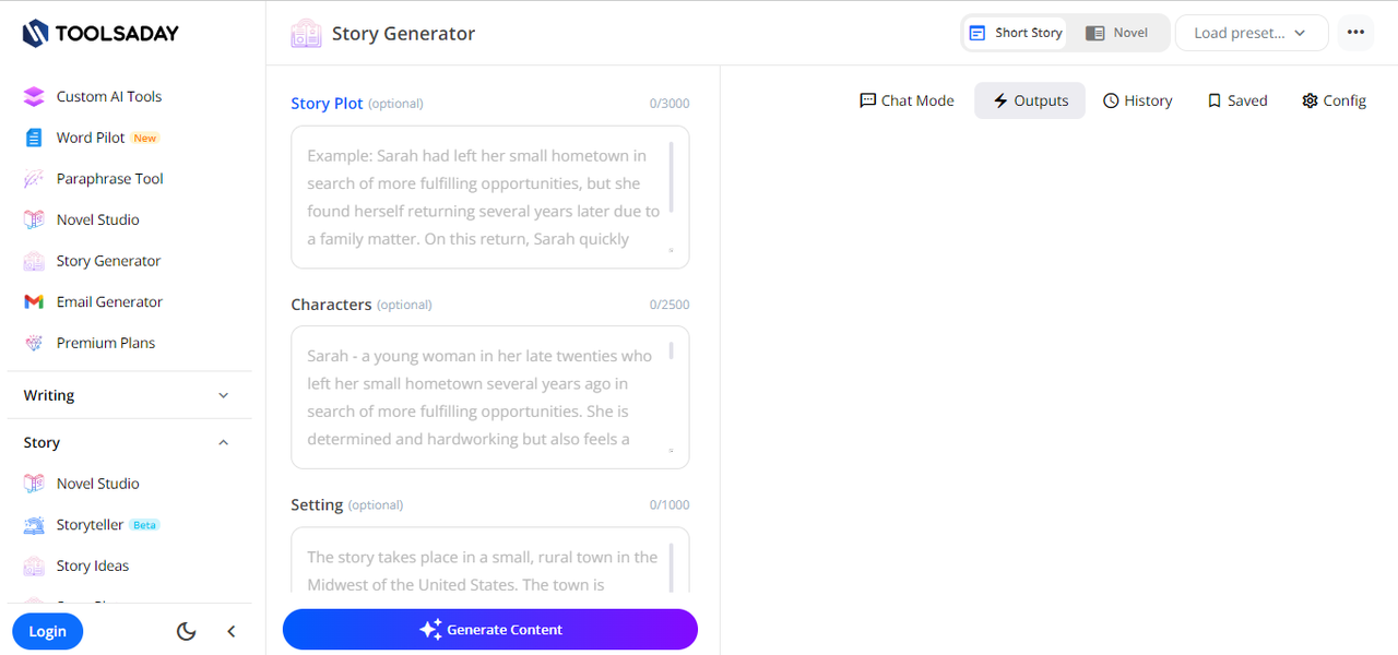 A screenshot of TOOLSADAY AI story generator